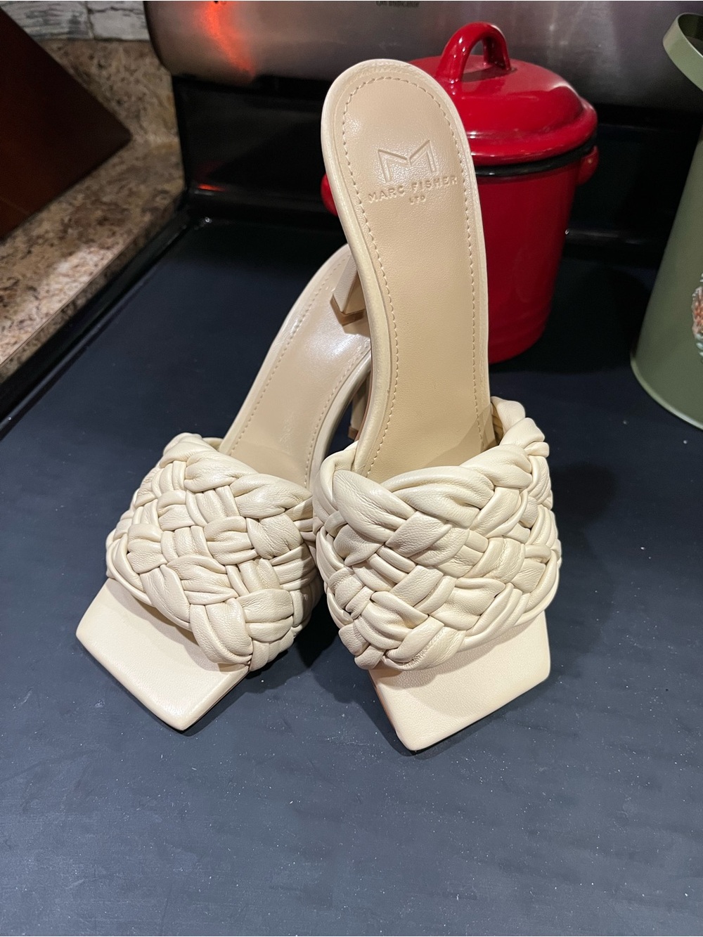 Marc Fisher Cream Braided Square-Toe Slide Heels